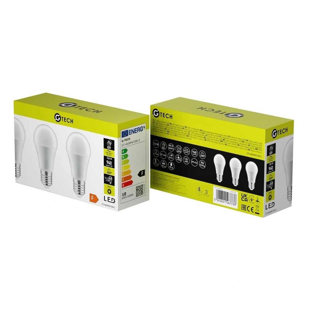 10W E27 LED fényforrás ( Izzó ), 3000K, 940 lm, gömb alakú, 3db / csomag,  G-Tech