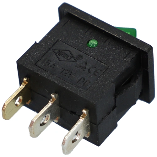 15A/12V DC, 21x15 / 19x13 mm Billenőkapcsoló, zöld, számos, kicsi, szögletes