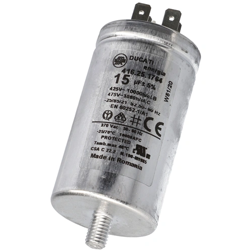 15 uF 475V Kondenzátor, sarus, motor indító, fémházas (eredetivel megegyező minőség) CANDY szárítógép