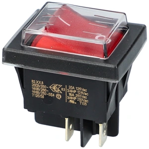 16A/250V AC, 37x30 mm Billenőkapcsoló, piros, számos, porvédővel, széles takarítógép