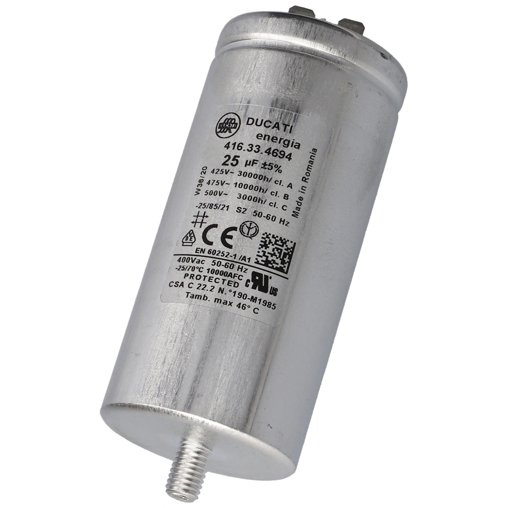 25 uF 500V Kondenzátor, sarus, motor indító, fémházas (eredeti) GORENJE / MORA szárítógép