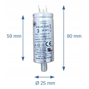 3 uF 475V Kondenzátor, sarus, fémházas (eredetivel megegyező minőség) ELECTROLUX mosogatógép, Ducatti 