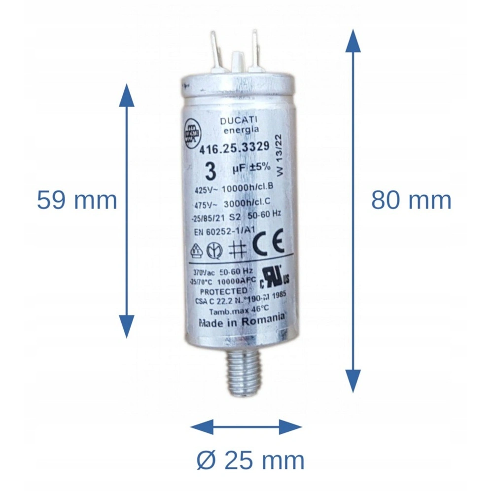 3 uF 475V Kondenzátor, sarus, fémházas (eredetivel megegyező minőség) ELECTROLUX mosogatógép, Ducatti 