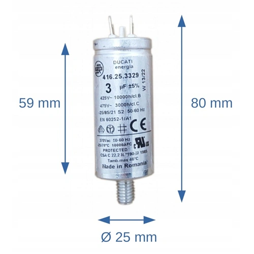 3 uF 475V Kondenzátor, sarus, fémházas (eredetivel megegyező minőség) ELECTROLUX mosogatógép, Ducatti 