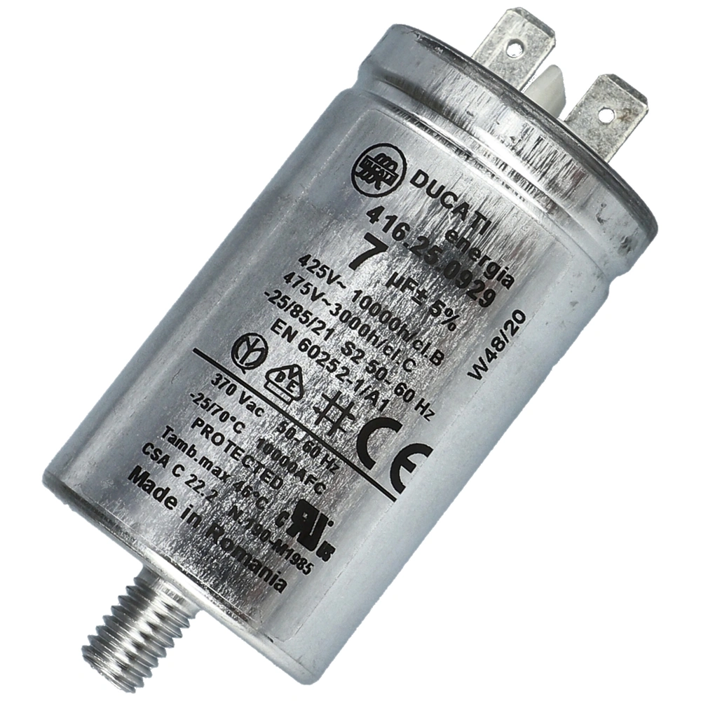 7 uF 475V Kondenzátor, sarus, motor indító, fémházas (eredeti) CANDY szárítógép