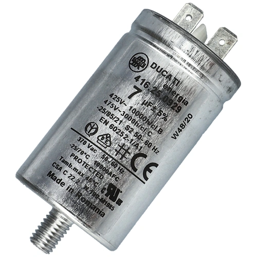 7 uF 475V Kondenzátor, sarus, motor indító, fémházas (eredeti) CANDY szárítógép