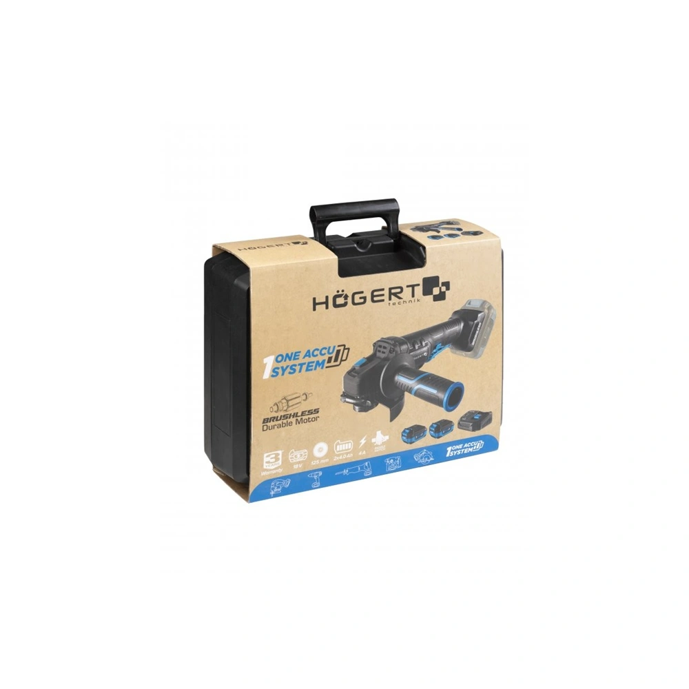 Akkumulátoros sarokcsiszoló lapát kapcsolóval, szénkefementes, 125 mm, 18 V, , HÖGERT HT2E251-B24AG  