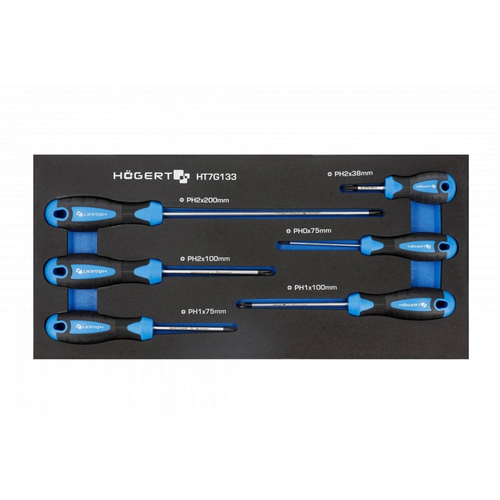 Csavarhúzó készlet, 6 részes, csillagfejű csavarhúzók PH és PZ, 395 x 180mm habszivacsban, HÖGERT HT7G133 / RENDELÉSRE
