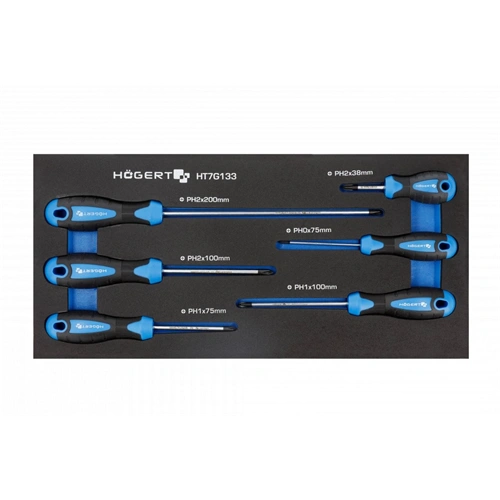 Csavarhúzó készlet, 6 részes, csillagfejű csavarhúzók PH és PZ, 395 x 180mm habszivacsban, HÖGERT HT7G133 / RENDELÉSRE