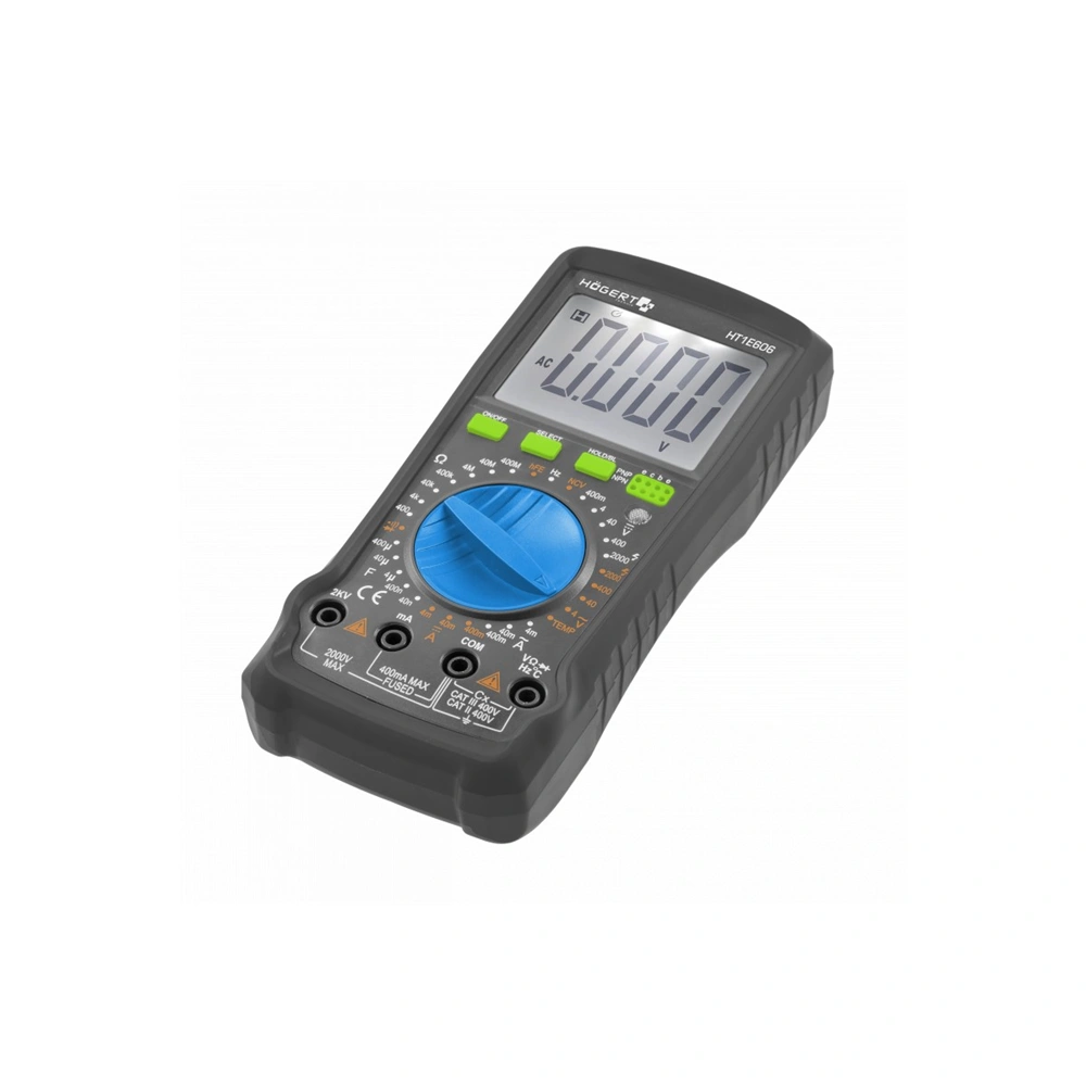 Digitális Multiméter, zseblámpa, LCD kijelző, AC-DC 2000V, 10A, 400 MΩ, HÖGERT HT1E606  / RENDELÉSRE