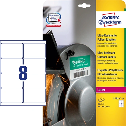 Etikett címke, 99,1 x67,7mm, ultra ellenálló 8 címke/ív, 10 ív/doboz, Avery fehér