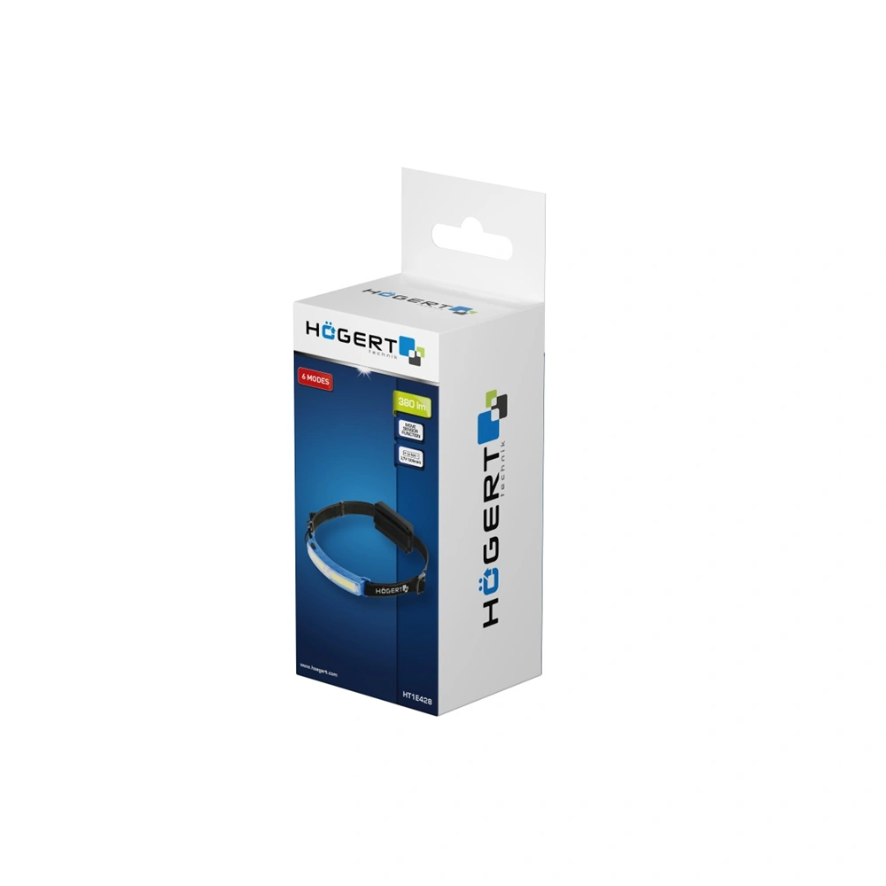 Fejlámpa, fejpánt világítás, akkumulátoros, mozgásérzékelő, COB LED, 6 funkcióval, USB, HÖGERT HT1E428