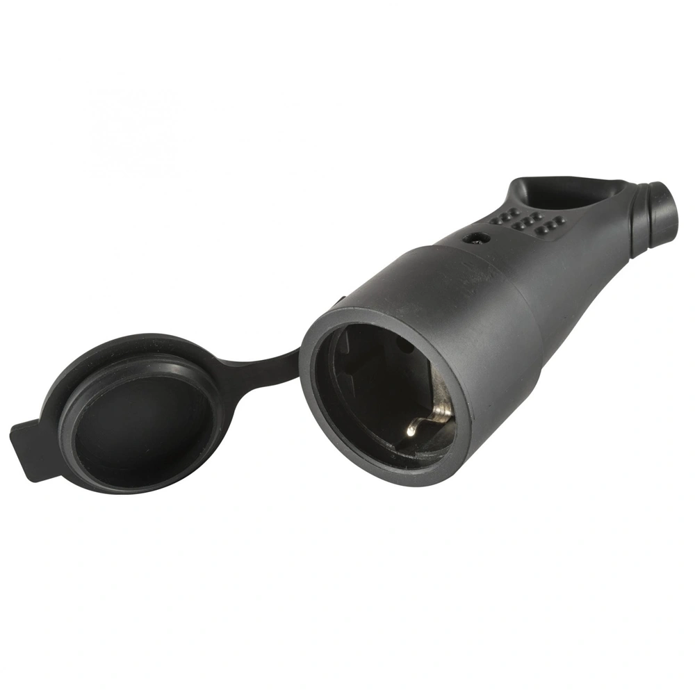 Földelt lengő aljzat ( dugalj ), 45°-os kábelvezetéssel, gumi, IP44, 16A, fekete 