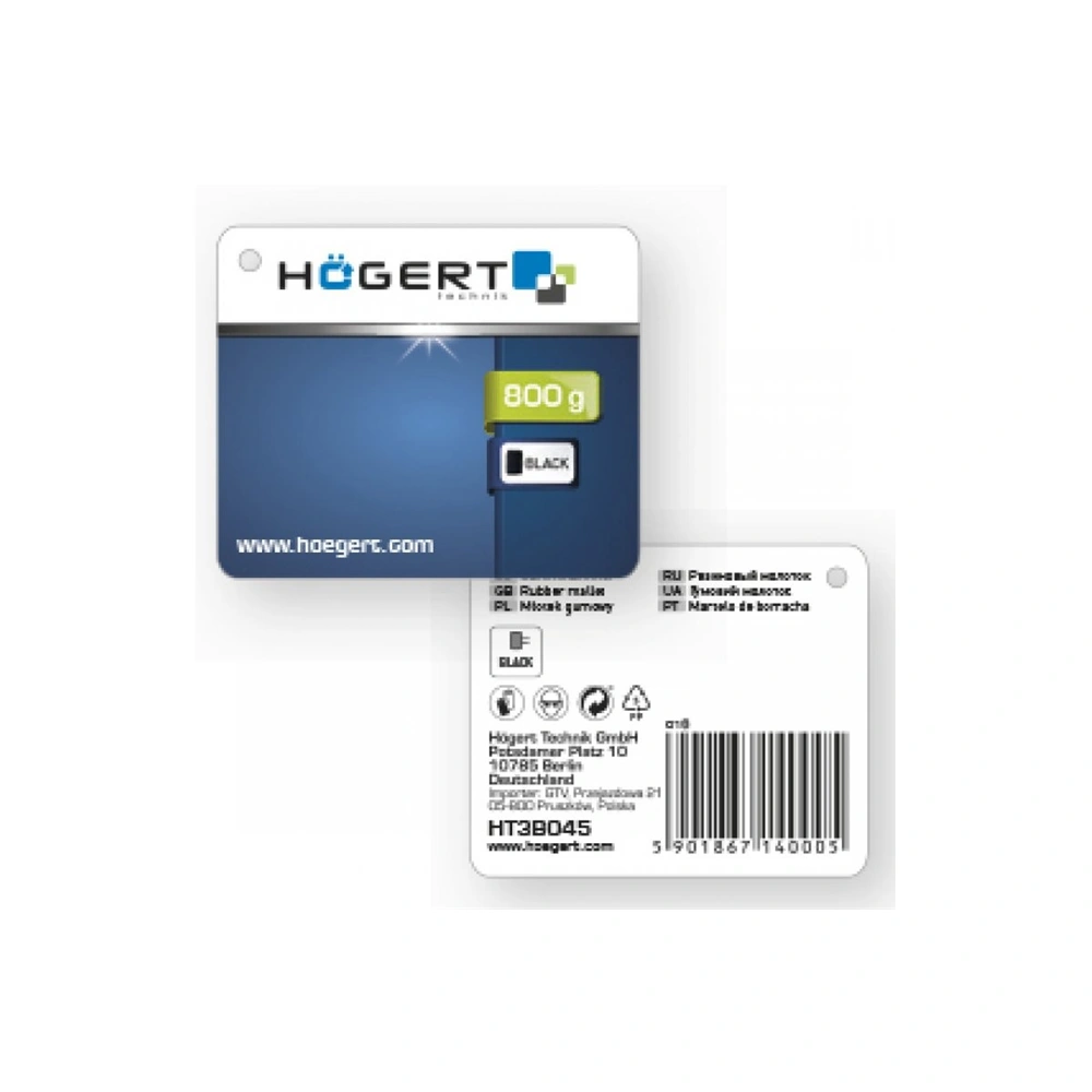 Gumikalapács fa nyéllel, 800g, fekete, sima és gömbölyű fejű, HÖGERT HT3B045  / RENDELÉSRE