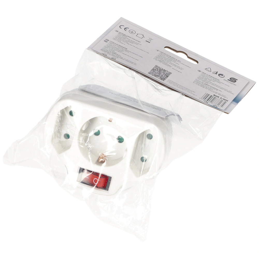 Hálózati földelt elosztó, kapcsolós, 3 aljzat (1 földelt + 2 euró), gyerekvéd., IP20, 16A, 3500W, fehér, HOME  NVK 3/WH