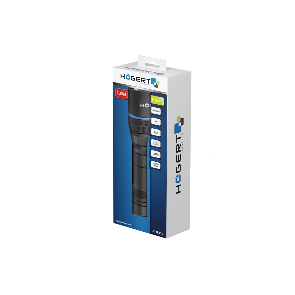 LED zseblámpa (elemlámpa), 3100 lm, zoom, 4 mód, 4500mAh,  HÖGERT HT1E416 / RENDELÉSRE