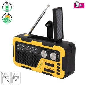 Multifunkciós napelemes rádió, USB, Bluetooth, MP3, beépített akku, reflektor, olvasólámpa, SOS riasztó, telefontöltő