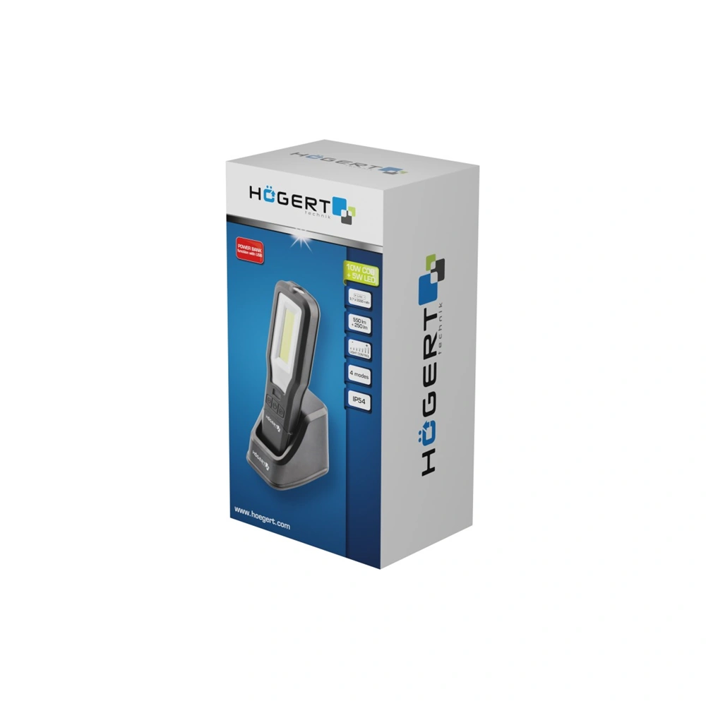 Munkalámpa, akkumulátoros, COB 10W, LED 5W, IP54,  max 550 lm, PowerBank funkció, töltő, HÖGERT HT1E408  / RENDELÉSRE