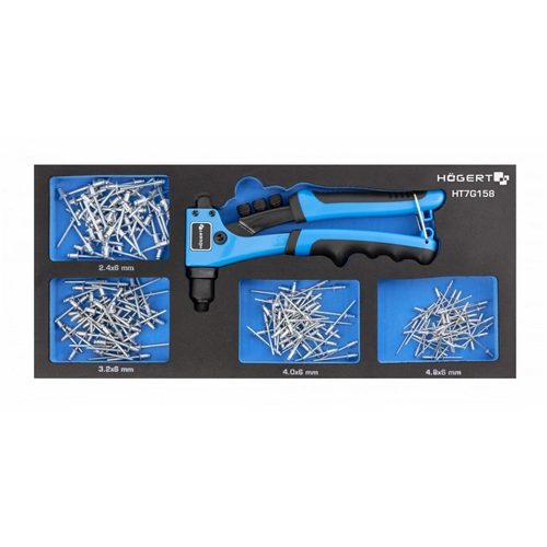 Popszegecsfogó készlet, 201 részes, 2,4-4,8 mm popszegecs 50db/méret,395 x 180mm habszivacs, HÖGERT HT7G158/ RENDELÉSRE