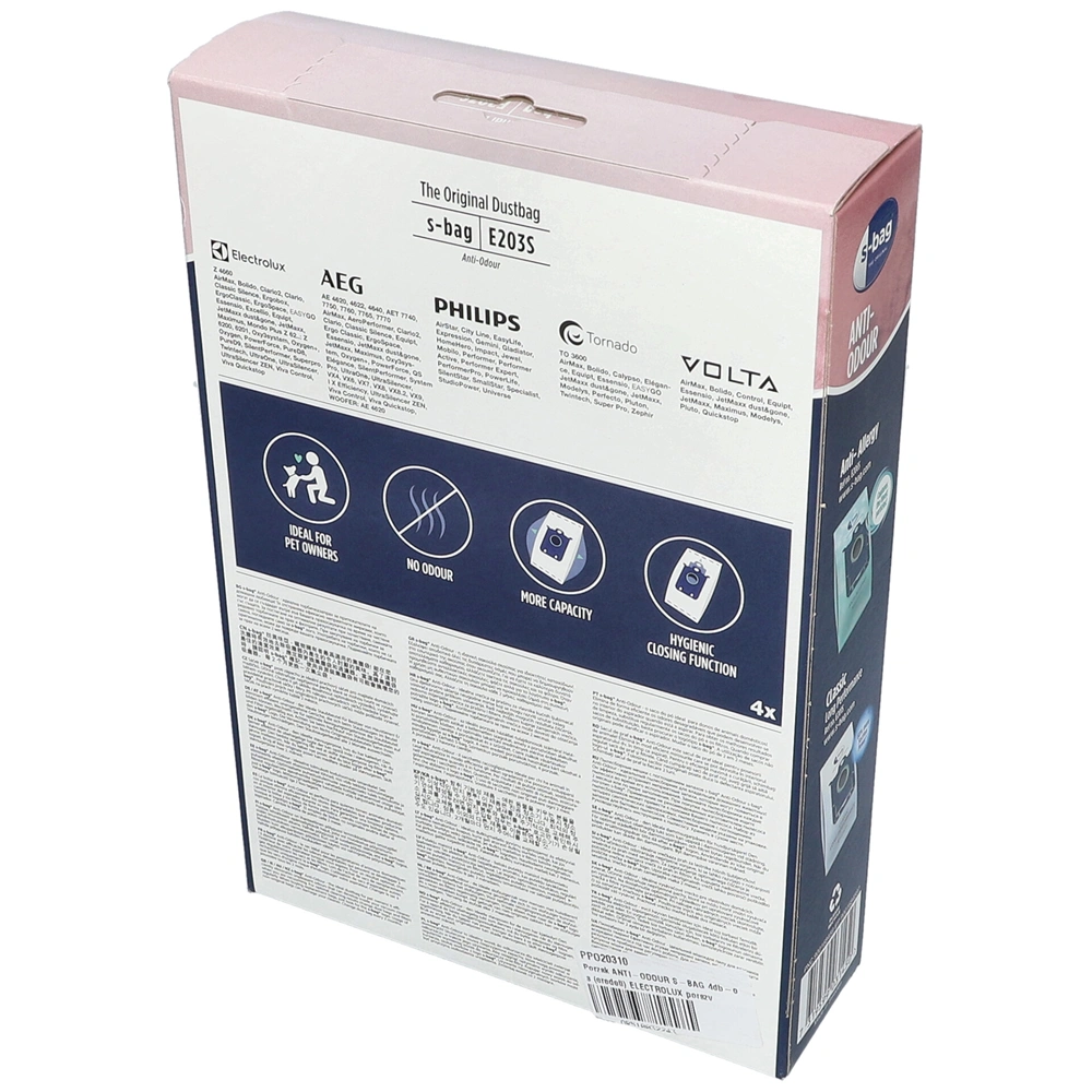Porzsák ANTI-ODOUR S-BAG 4db-os (eredeti) ELECTROLUX porszívó pl: E203B