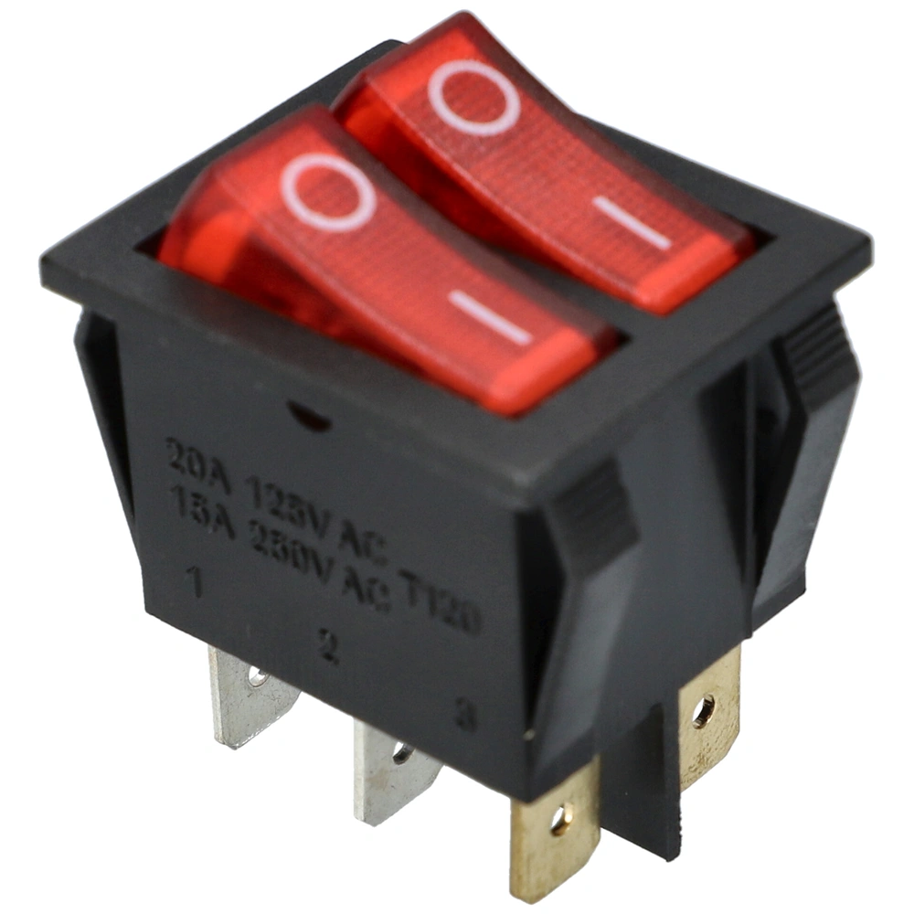 15A/250V AC, 31x26 / 29x22 mm Billenőkapcsoló, dupla, piros, számos, szögletes (univerzális)