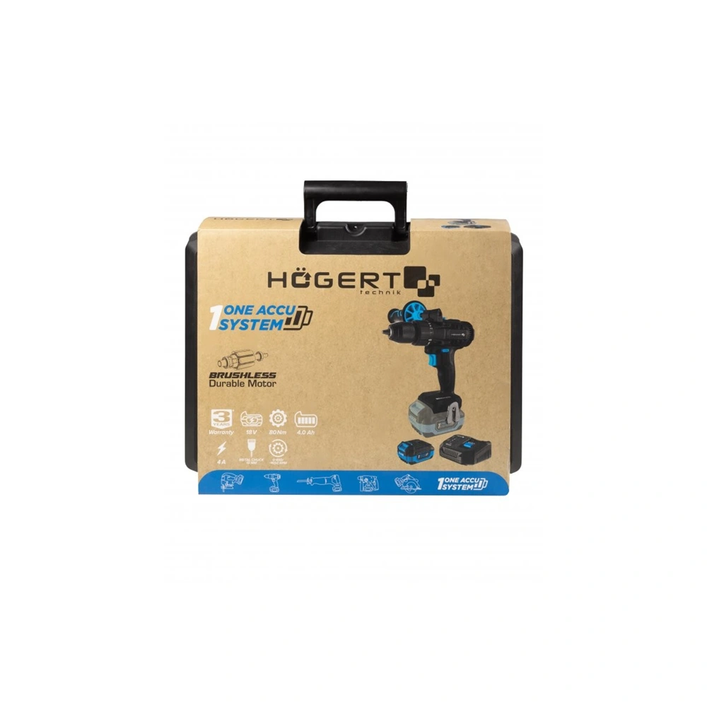 Akkumulátoros fúró-csavarozó szett,  szénkefementes motor, 4 Ah akku, 18 V, 80 Nm, koffer, HÖGERT HT2E246-B14DD