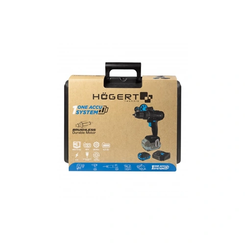 Akkumulátoros fúró-csavarozó szett,  szénkefementes motor, 4 Ah akku, 18 V, 80 Nm, koffer, HÖGERT HT2E246-B14DD
