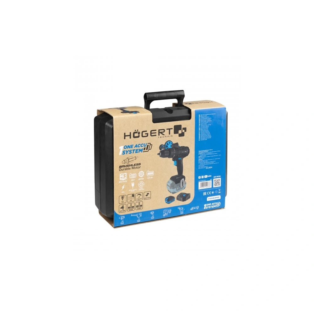 Akkumulátoros fúró-csavarozó szett,  szénkefementes motor, 4 Ah akku, 18 V, 80 Nm, koffer, HÖGERT HT2E246-B14DD