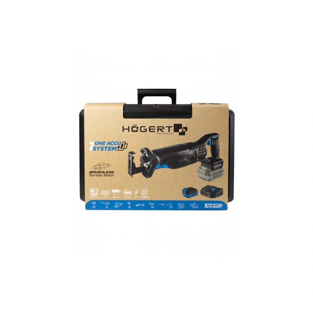 Akkumulátoros orrfűrész szett, szénkefementes motor, 4 Ah akku, 18 V, koffer, HÖGERT HT2E252-B14RS