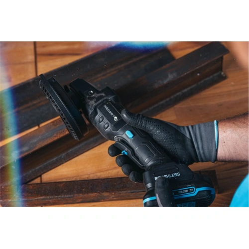 Akkumulátoros sarokcsiszoló géptest (töltő és akku nélkül), szénkefementes, lapát kapcsoló, 125 mm, 18V, HÖGERT HT2E232