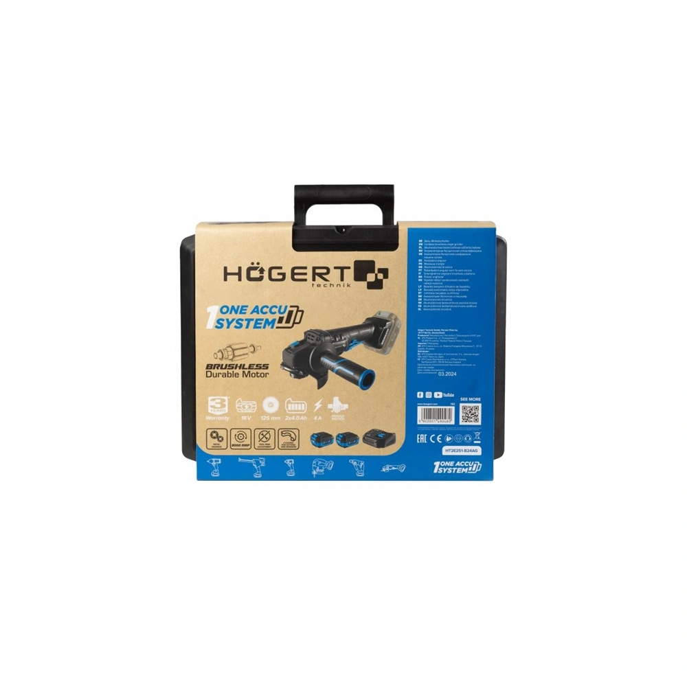 Akkumulátoros sarokcsiszoló lapát kapcsolóval, szénkefementes, 125 mm, 18 V, , HÖGERT HT2E251-B24AG  