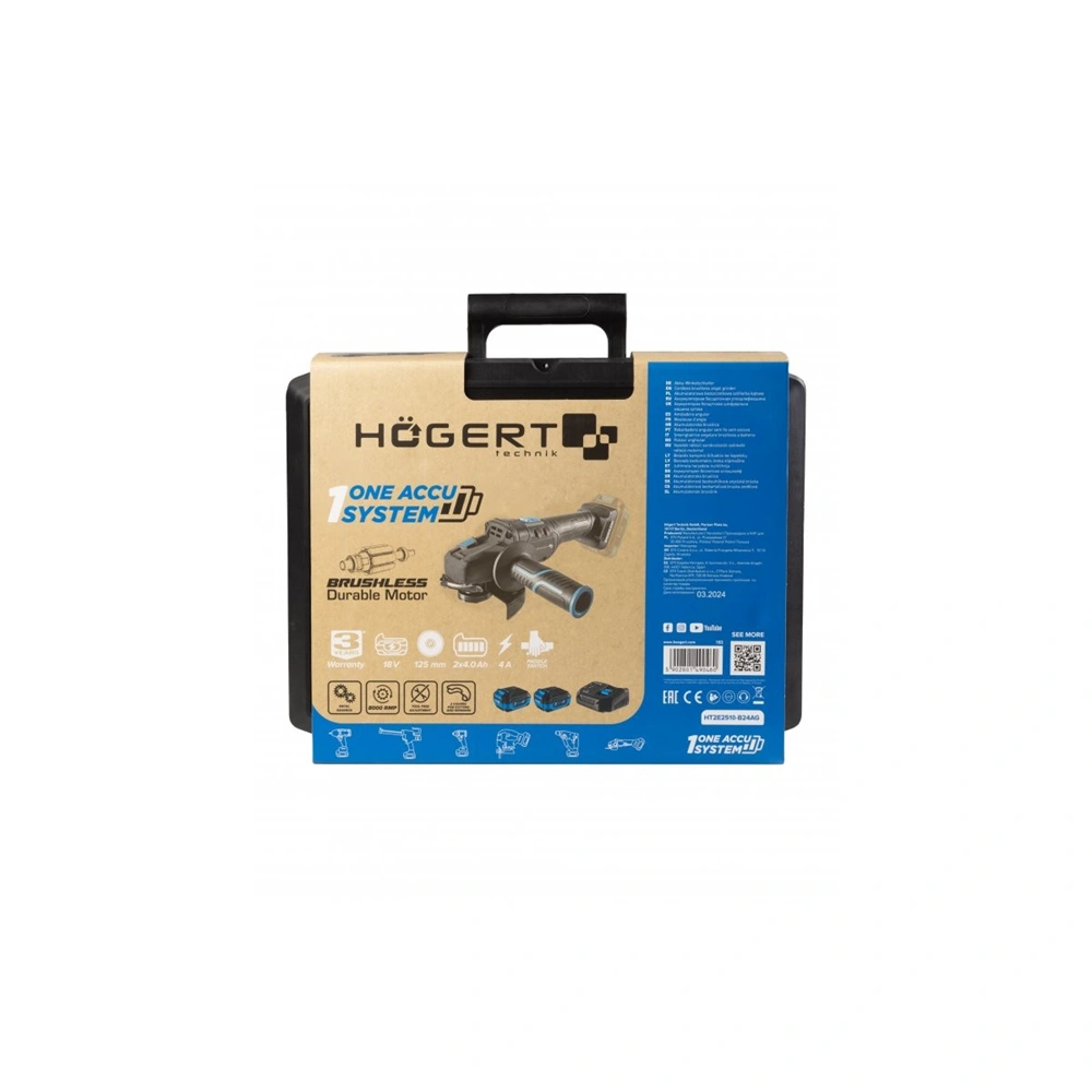 Akkumulátoros sarokcsiszoló szett, szénkefementes, 125 mm, 18 V, koffer, HÖGERT HT2E250-B24AG