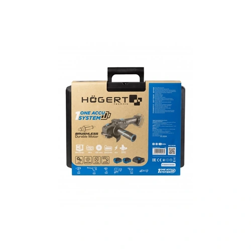 Akkumulátoros sarokcsiszoló szett, szénkefementes, 125 mm, 18 V, koffer, HÖGERT HT2E250-B24AG