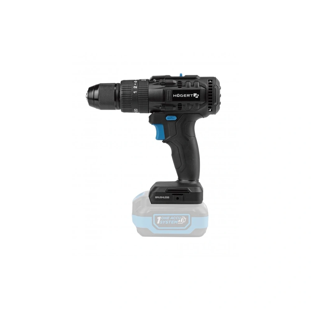 Akkumulátoros ütvefúró-csavarozó géptest, (akku és töltő nélkül),szénkefementes,18V, 80Nm, HÖGERT HT2E223  