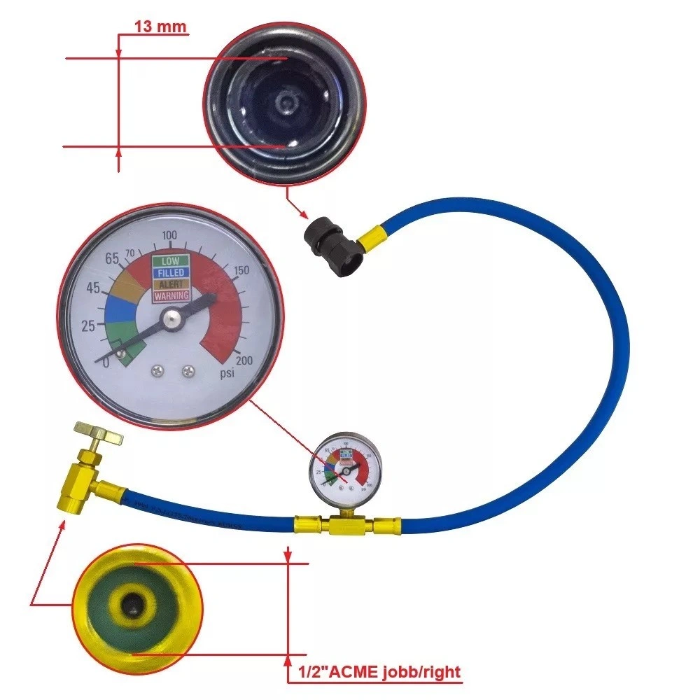 Autóklíma töltő csap, kiszúrós, csővel, órával R134a gáz töltésére