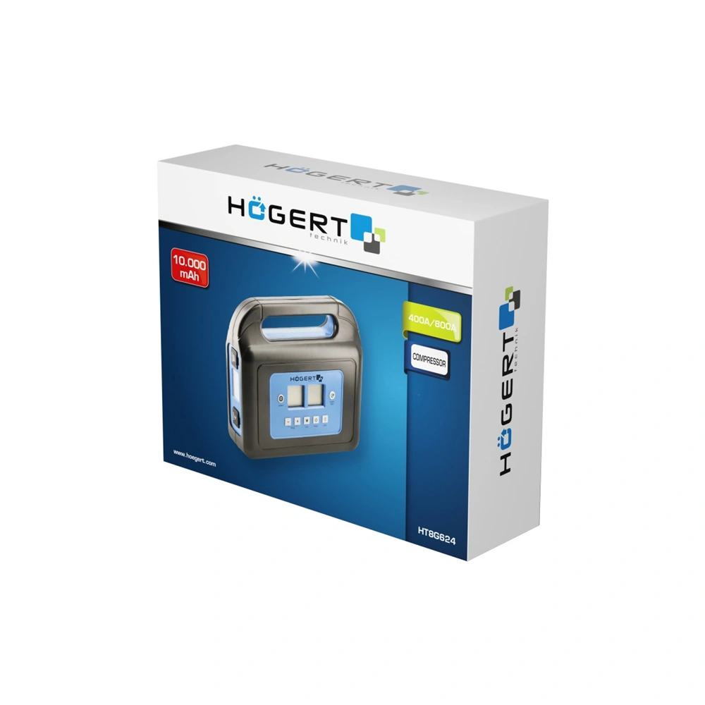 Bikázó Jump starter, PowerBank, LED lámpa, kompresszor, 8 Bar, 10000 mAh,  USB, 400A, HÖGERT HT8G624