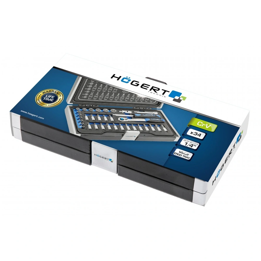 Dugókulcs és bitkészlet 1/4", 34 részes, Élettartam garancia, HÖGERT HT1R464