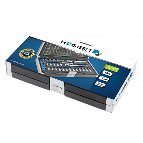 Dugókulcs és bitkészlet 1/4", 34 részes, Élettartam garancia, HÖGERT HT1R464
