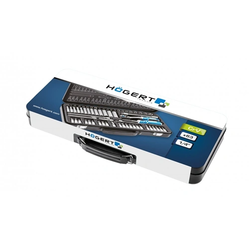 Dugókulcs és bitkészlet 1/4", 63 részes, 72 fogas racsni, fém koffer, 25 év garancia, HÖGERT HT1R486