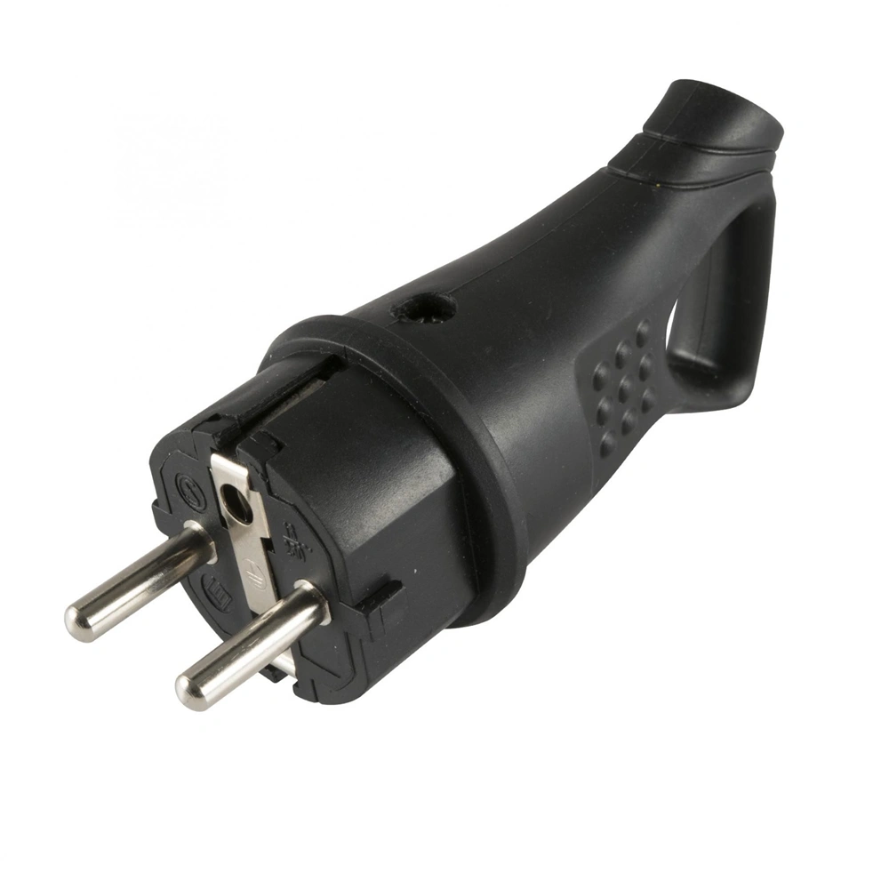 Földelt lengő dugvilla 45°-os kábelvezetéssel, gumi,  IP44, 16A, fekete