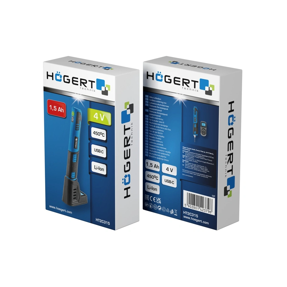 Forrasztópáka állomás, akkumulátoros, állvánnyal, USB, 450°C,  2,5h, 1500mAh, 4V, HÖGERT HT2C315