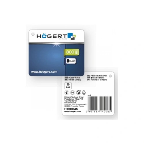 Gumikalapács fa nyéllel, 800g, fekete, sima és gömbölyű fejű, HÖGERT HT3B045  / RENDELÉSRE