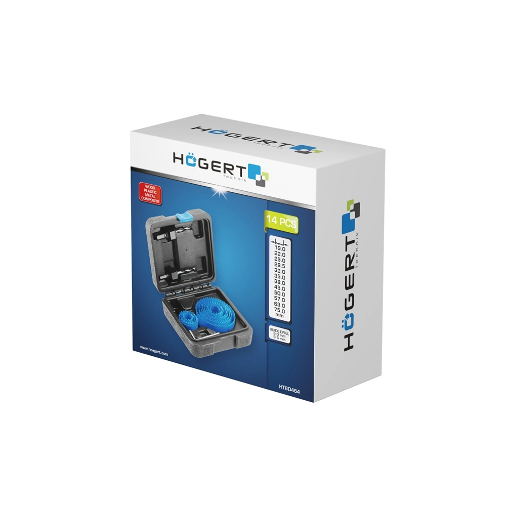 Körkivágó készlet 14 részes, 19-75mm, műanyag koffer, HÖGERT HT6D464
