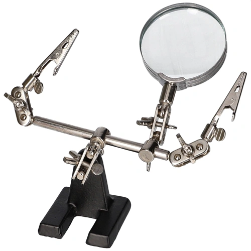 Paneltartó forrasztáshoz, barkácsoláshoz, nagyítóval és krokodilcsipeszekkel (FAHRENHEIT 10102)