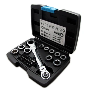 Racsnis, csuklós csillagkulcs cserélhető dugókulcs fejekkel 8-19mm, bitfejek, 36 részes, 25 év garancia, HÖGERT HT1R491