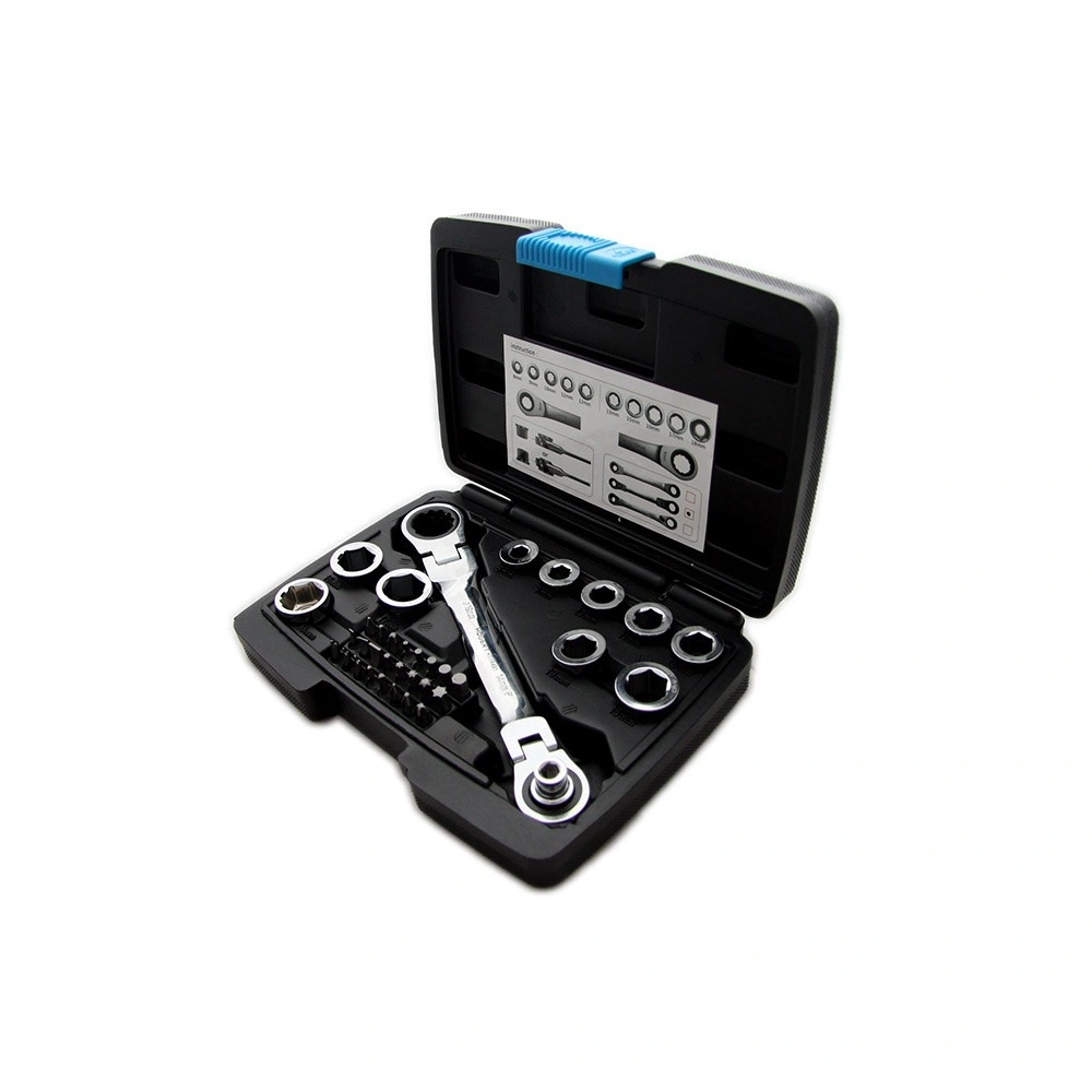 Racsnis, csuklós csillagkulcs cserélhető dugókulcs fejekkel 8-19mm, bitfejek, 36 részes, 25 év garancia, HÖGERT HT1R491