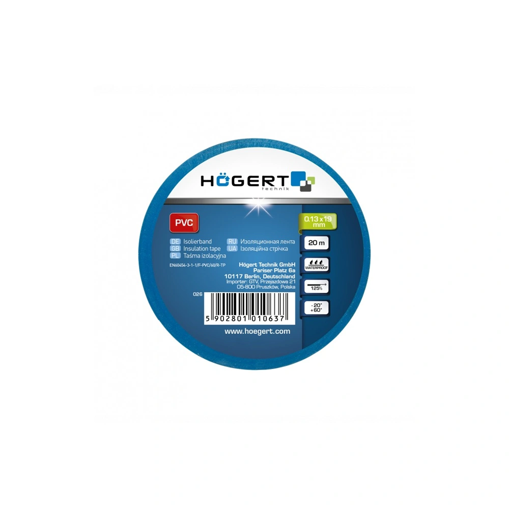 Szigetelőszalag, kék, 20m, 19 mm, HÖGERT HT1P283