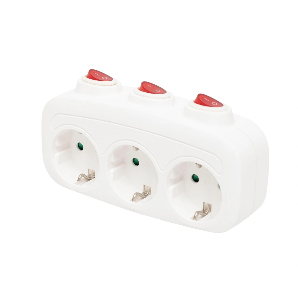 T-alakú hálózati földelt elosztó, 3 kapcsolóval, gyerekvédelem, IP20, 16A, 3680W, fehér, HOME  TPF 3K