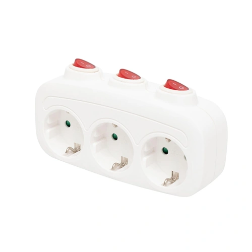 T-alakú hálózati földelt elosztó, 3 kapcsolóval, gyerekvédelem, IP20, 16A, 3680W, fehér, HOME  TPF 3K